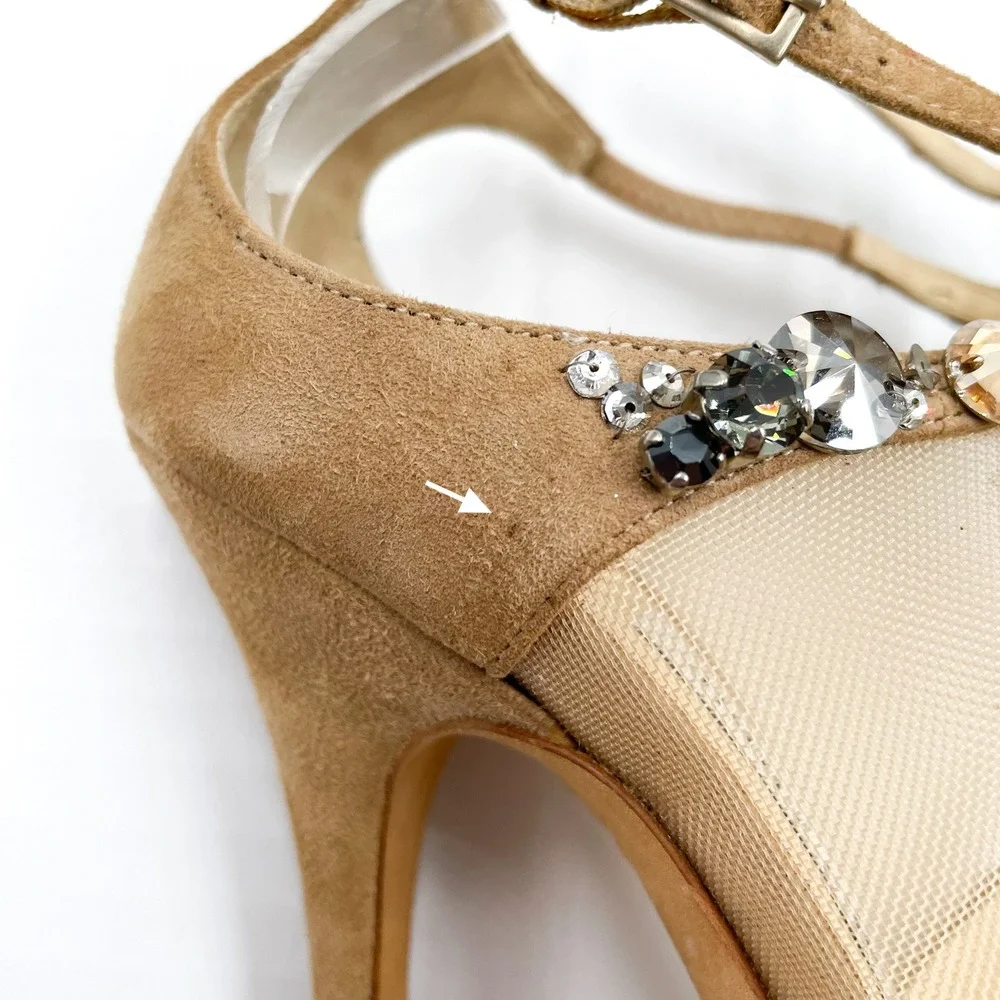 Jimmy Choo Viola Crystal‎ Sandals Tan Suede Strappy Heels Sz 37.5 / 7.5 US